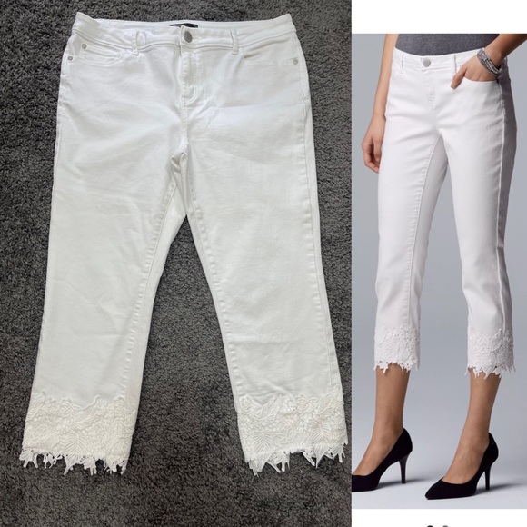 Simply Vera Vera Wang Pants - Simply Vera Verawang cotton white lace hem mid rise stretch denim capris size 14